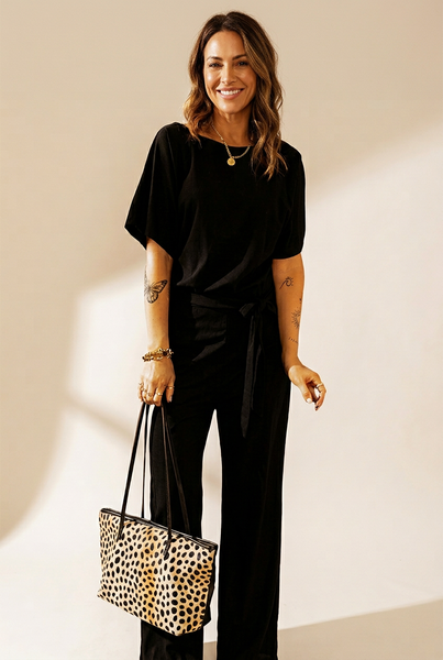 Women's Loose Waist Wide Leg Jumpsuit Set With Back Buttons