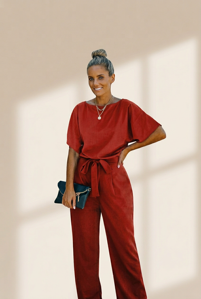 Women's Loose Waist Wide Leg Jumpsuit Set With Back Buttons