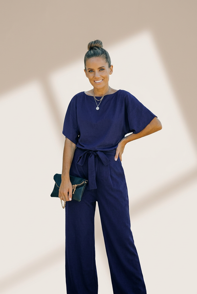Women's Loose Waist Wide Leg Jumpsuit Set With Back Buttons