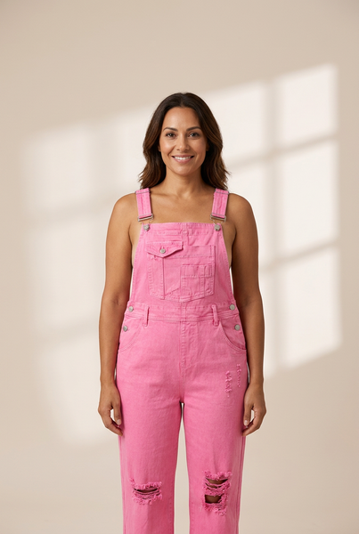 Women's Stylish Pink Ripped Long Overalls With High-Waisted Wide Leg Pants