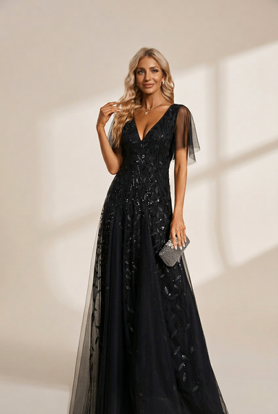 Women's Shimmery V Neck Ruffle Sleeves Sequin Maxi Long Evening Dress