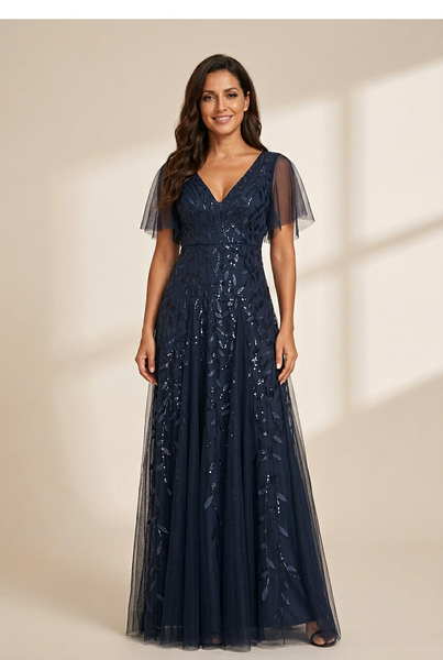 Women's Shimmery V Neck Ruffle Sleeves Sequin Maxi Long Evening Dress