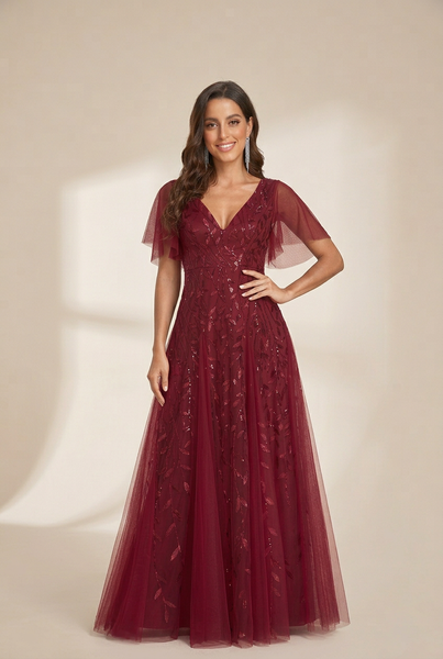 Women's Shimmery V Neck Ruffle Sleeves Sequin Maxi Long Evening Dress