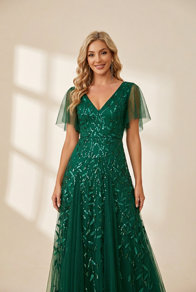 Women's Shimmery V Neck Ruffle Sleeves Sequin Maxi Long Evening Dress