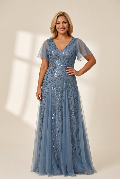Women's Shimmery V Neck Ruffle Sleeves Sequin Maxi Long Evening Dress