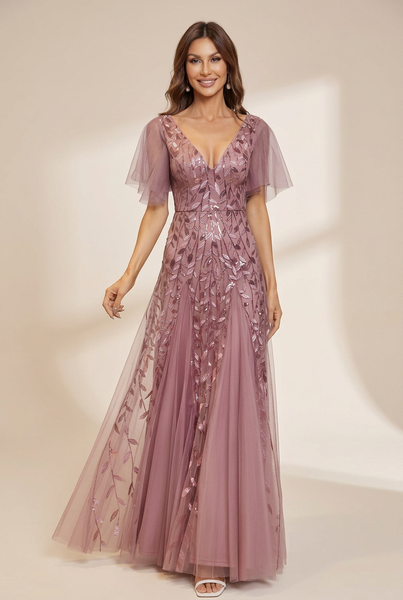 Women's Shimmery V Neck Ruffle Sleeves Sequin Maxi Long Evening Dress
