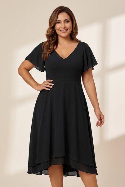 Women's Elegant Chiffon V-Neck Bridesmaid Gown with Ruffle Sleeves