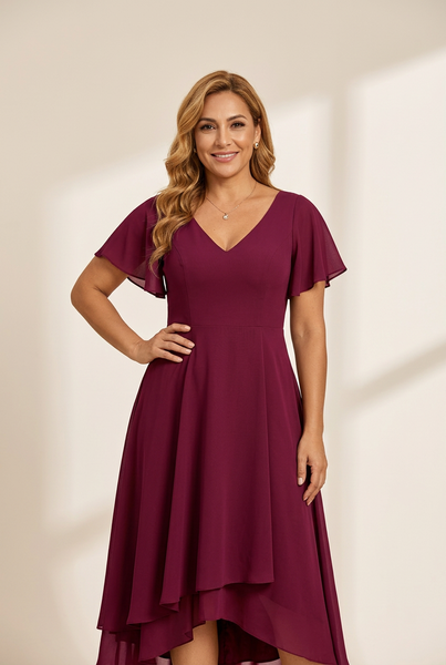 Women's Elegant Chiffon V-Neck Bridesmaid Gown with Ruffle Sleeves