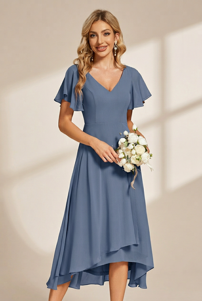 Women's Elegant Chiffon V-Neck Bridesmaid Gown with Ruffle Sleeves