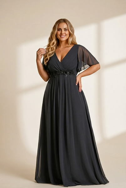 Women's Graceful Plus Size Floral A-Line Chiffon Evening Dress with Short Sleeves