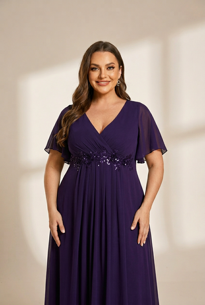 Women's Graceful Plus Size Floral A-Line Chiffon Evening Dress with Short Sleeves
