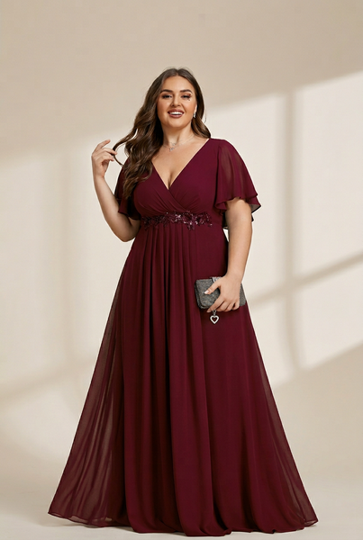 Women's Graceful Plus Size Floral A-Line Chiffon Evening Dress with Short Sleeves