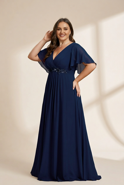 Women's Graceful Plus Size Floral A-Line Chiffon Evening Dress with Short Sleeves