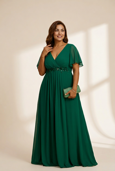 Women's Graceful Plus Size Floral A-Line Chiffon Evening Dress with Short Sleeves