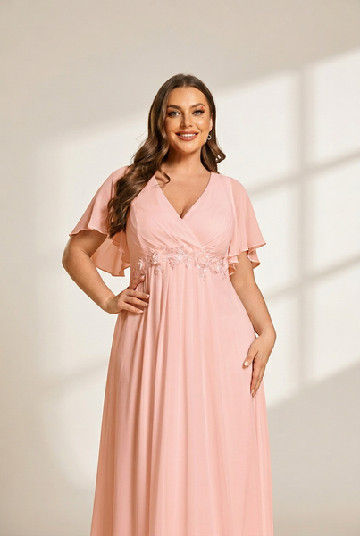 Women's Graceful Plus Size Floral A-Line Chiffon Evening Dress with Short Sleeves