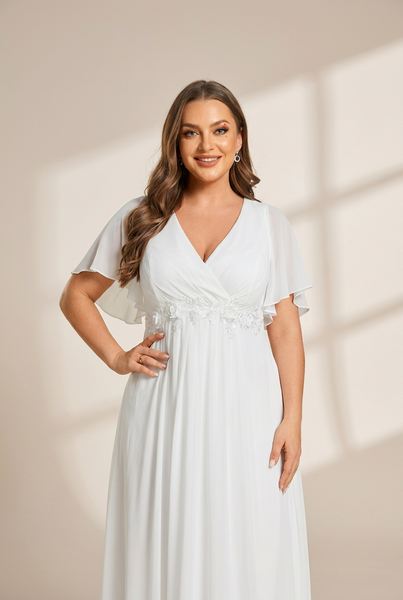 Women's Graceful Plus Size Floral A-Line Chiffon Evening Dress with Short Sleeves