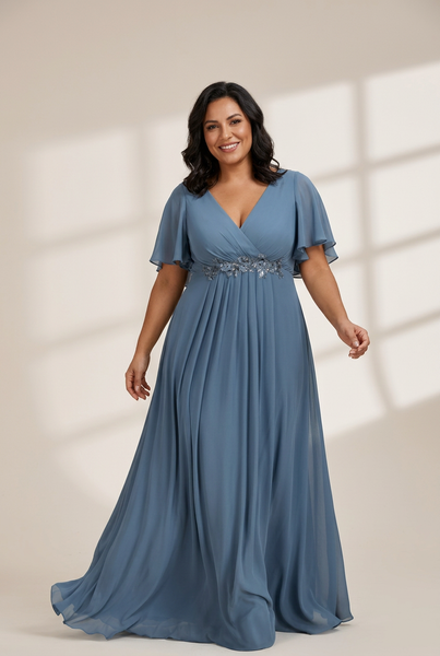 Women's Graceful Plus Size Floral A-Line Chiffon Evening Dress with Short Sleeves