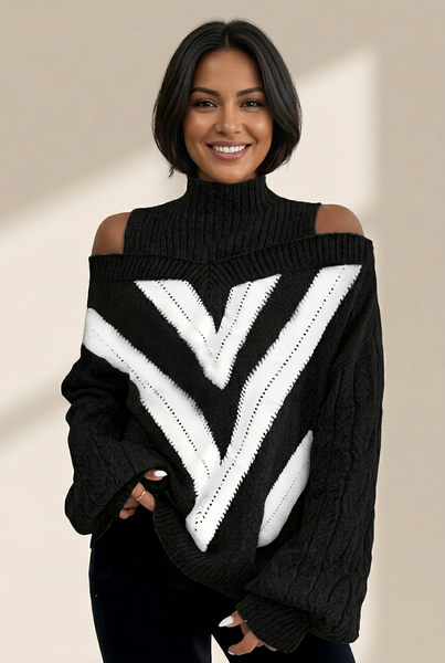 Women's Plus Size Geometric Print Cold Shoulder Turtle Neck Sweater