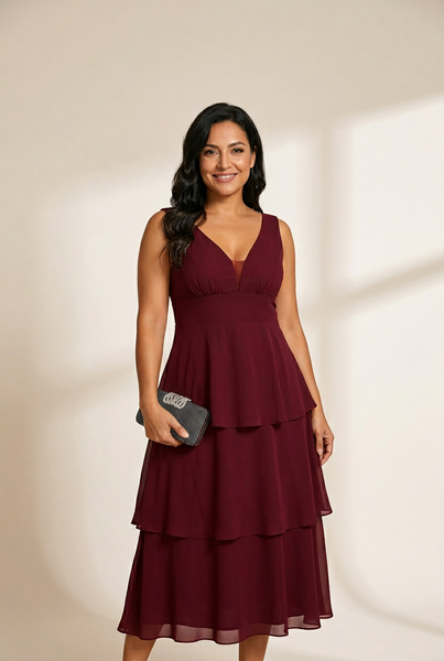 Women's Layered Chiffon V-Neck Wedding Guest Dress