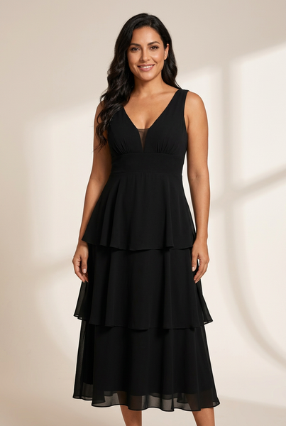 Women's Layered Chiffon V-Neck Wedding Guest Dress