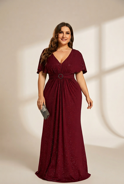 Women's Glamorous Plus Size Mermaid Evening Gown with Glitter Bat-Wing Sleeves and Waist-Cinching Detail