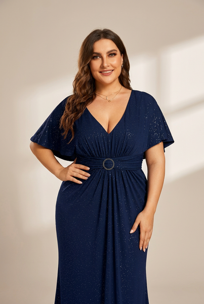 Women's Glamorous Plus Size Mermaid Evening Gown with Glitter Bat-Wing Sleeves and Waist-Cinching Detail