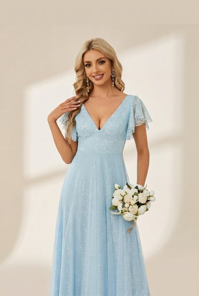 Women's Elegant Lace Evening Dress with Double V Neck and Ruffle Sleeves