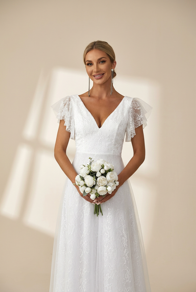 Women's Elegant Lace Evening Dress with Double V Neck and Ruffle Sleeves