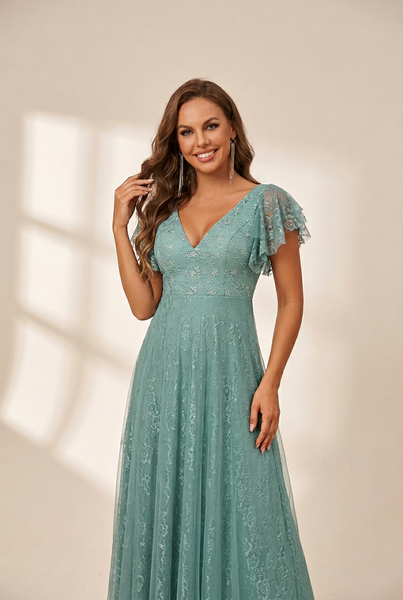Women's Elegant Lace Evening Dress with Double V Neck and Ruffle Sleeves