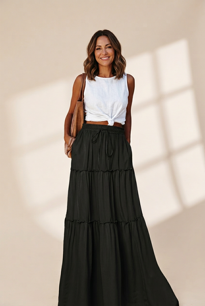 Women's Elegant Pleated Chiffon Long Skirt With Ruffle Hem
