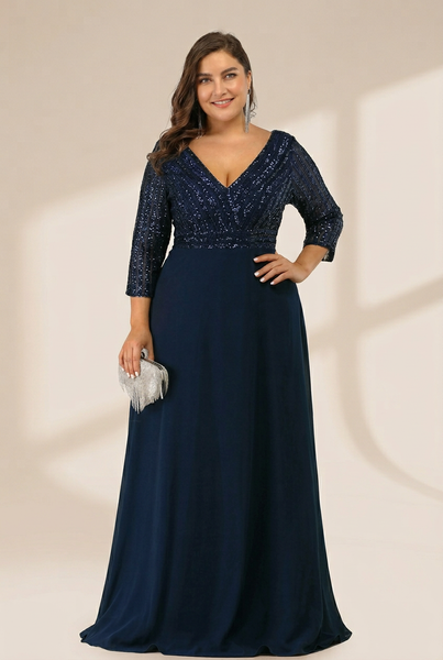 Women's Sleek Plus Size V-Neck Sequin A-Line Formal Evening Gown with 3/4 Sleeves