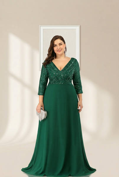 Women's Sleek Plus Size V-Neck Sequin A-Line Formal Evening Gown with 3/4 Sleeves
