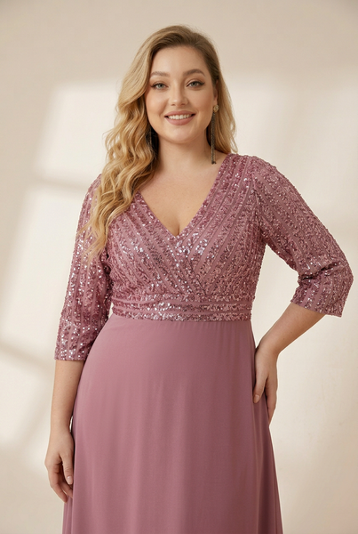 Women's Sleek Plus Size V-Neck Sequin A-Line Formal Evening Gown with 3/4 Sleeves