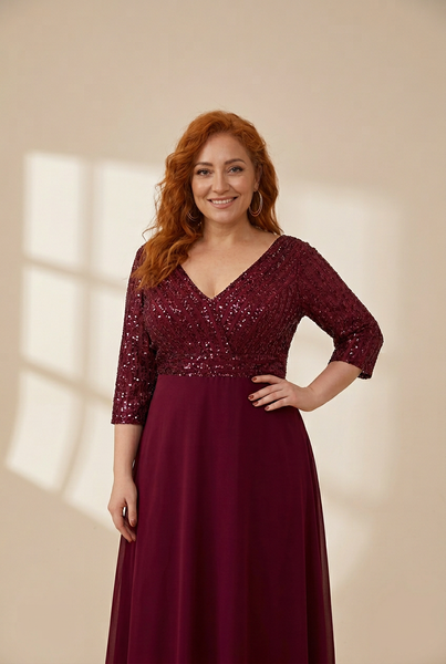 Women's Sleek Plus Size V-Neck Sequin A-Line Formal Evening Gown with 3/4 Sleeves
