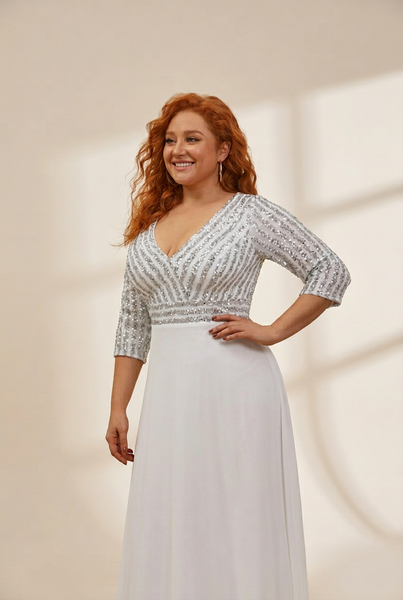 Women's Sleek Plus Size V-Neck Sequin A-Line Formal Evening Gown with 3/4 Sleeves