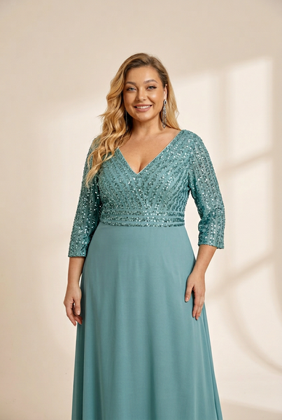 Women's Sleek Plus Size V-Neck Sequin A-Line Formal Evening Gown with 3/4 Sleeves