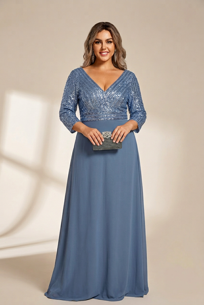 Women's Sleek Plus Size V-Neck Sequin A-Line Formal Evening Gown with 3/4 Sleeves