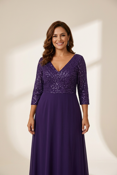 Women's Sleek Plus Size V-Neck Sequin A-Line Formal Evening Gown with 3/4 Sleeves