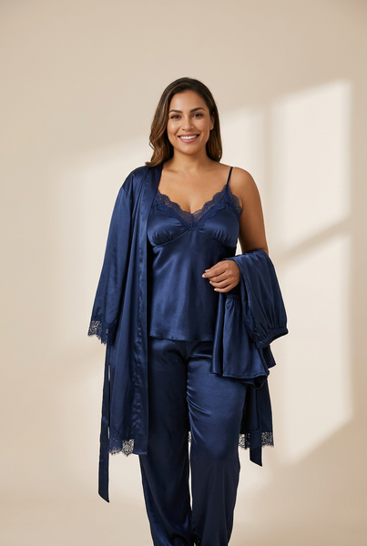 Women's 5 Piece Satin Pajama Set: Robe, Top, Shorts, Camisole, Pants made for easy styling and wardrobe coordination, with premium-like structure and