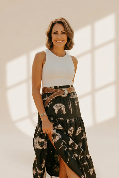 Women's Black Western Print Tiered Ruffled High Waist Maxi Skirt