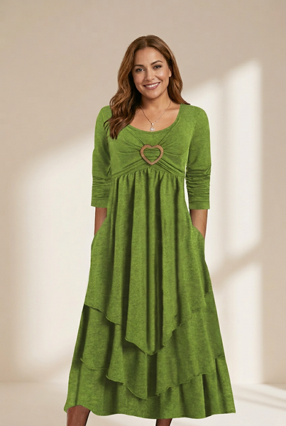 Women's Plus Size Elegant Dress, Women's Plus Plain Long Sleeve Layered Heart Ring Decor Round Neck Maxi Dress