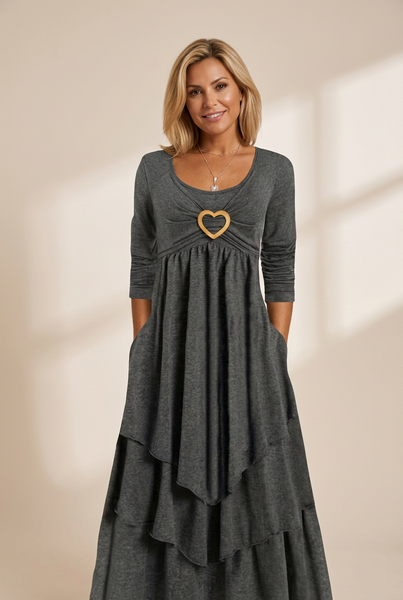 Women's Plus Size Elegant Dress, Women's Plus Plain Long Sleeve Layered Heart Ring Decor Round Neck Maxi Dress