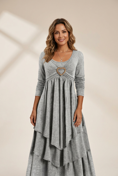 Women's Plus Size Elegant Dress, Women's Plus Plain Long Sleeve Layered Heart Ring Decor Round Neck Maxi Dress