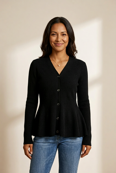 Women's V-Neck Ribbed Knit Peplum Cardigan Sweater