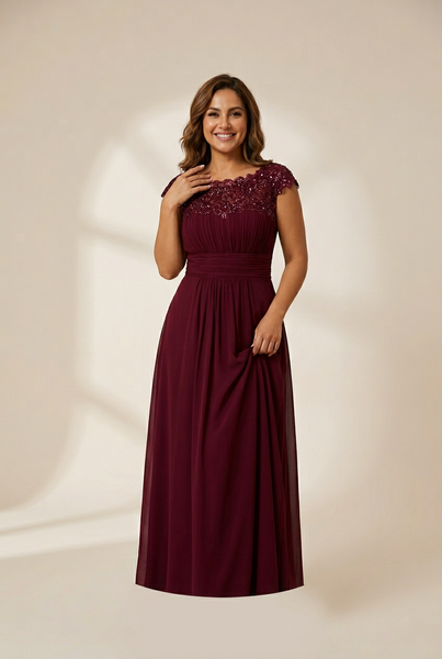 Women's Maxi Lace Cap Sleeve Long Formal Evening Dress