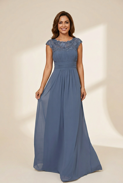 Women's Maxi Lace Cap Sleeve Long Formal Evening Dress