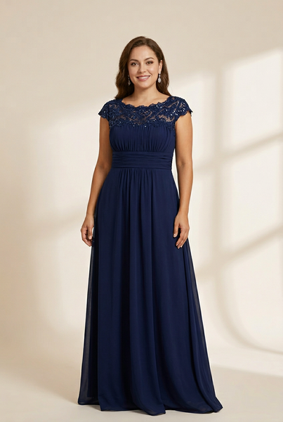 Women's Maxi Lace Cap Sleeve Long Formal Evening Dress