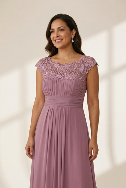 Women's Maxi Lace Cap Sleeve Long Formal Evening Dress