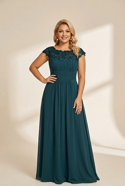 Women's Maxi Lace Cap Sleeve Long Formal Evening Dress