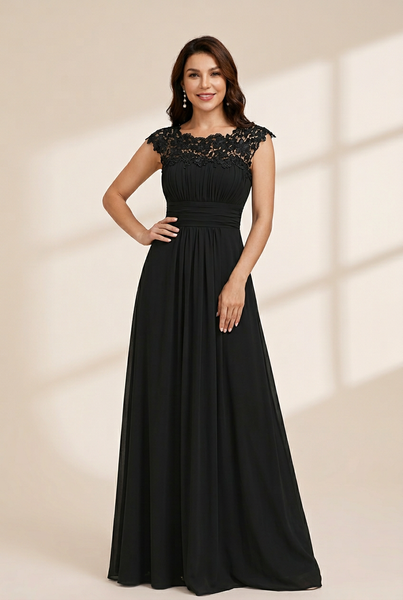 Women's Maxi Lace Cap Sleeve Long Formal Evening Dress